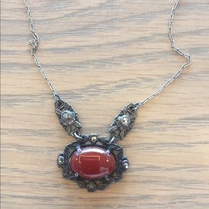 Vintage sterling marcasite carnelian necklace